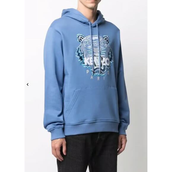 KENZO Light Blue Tiger Head Embroidered Relaxed Hoodie Sweatshirt Size XL